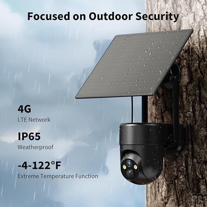 ELYSOO 4G LTE Cellular Security Cameras Outdoor, 2K 360° View No WiFi Needed Solar Powered Security Camera, Color Night Vision, Built-in SIM Card, Unlimited Data Plan