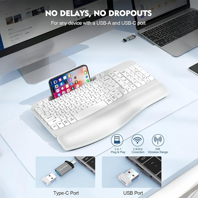 Ergonomic Wireless Keyboard with Cushioned Wrist Rest, Wave Keys, Phone Holder, Comfortable Natural Typing, 2.4GHz Full Size Cordless USB Computer Keyboard for Windows, Mac OS, Laptop, PC (White)