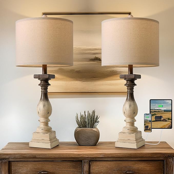 BOBOMOMO 27" Farmhouse Table Lamps with USB-A +C Ports, Vintage Rustic Side Table Lamps Set of 2, Linen Shade, Retro Bedside Night Stand Lamps for Living Room, Bedroom (Blubs not Included)