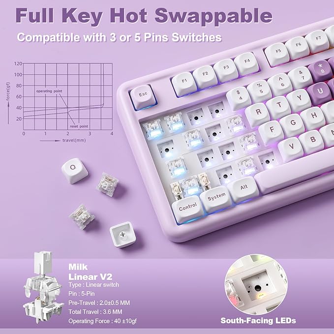 YUNZII B87 Wireless Mechanical Keyboard,QMK/VIA Programmable,TKL Layout 87 Keys,BT/2.4G/USB-C,Hot Swap Gasket Mount RGB Backlit Gaming with Wrist Rest for Win/Mac (Purple Heart, Milk V2)