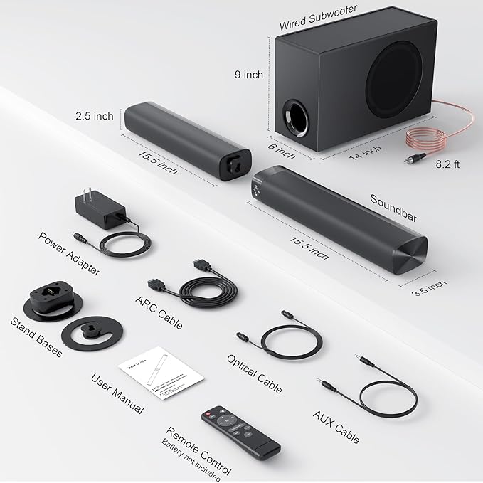 Sound Bar with Subwoofer, 110W Sound Bar with Adjustable Deep Bass & 3 EQ Modes, Bluetooth/ARC/Opt/AUX Connect, Sound Bar for Smart TV