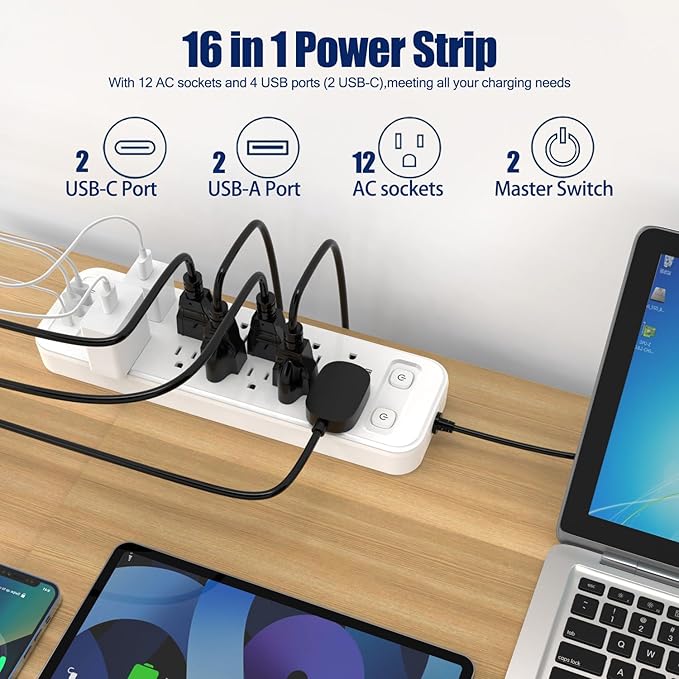 HITRENDS 12-Outlet Surge Protector Power Strip with 2 USB A + 2 USB C, 6FT Flat Plug Extension Cord, Dual Switches, Wide Spacing, 1250W/10A Multi Plug Outlet for Home Office Dormitory, White