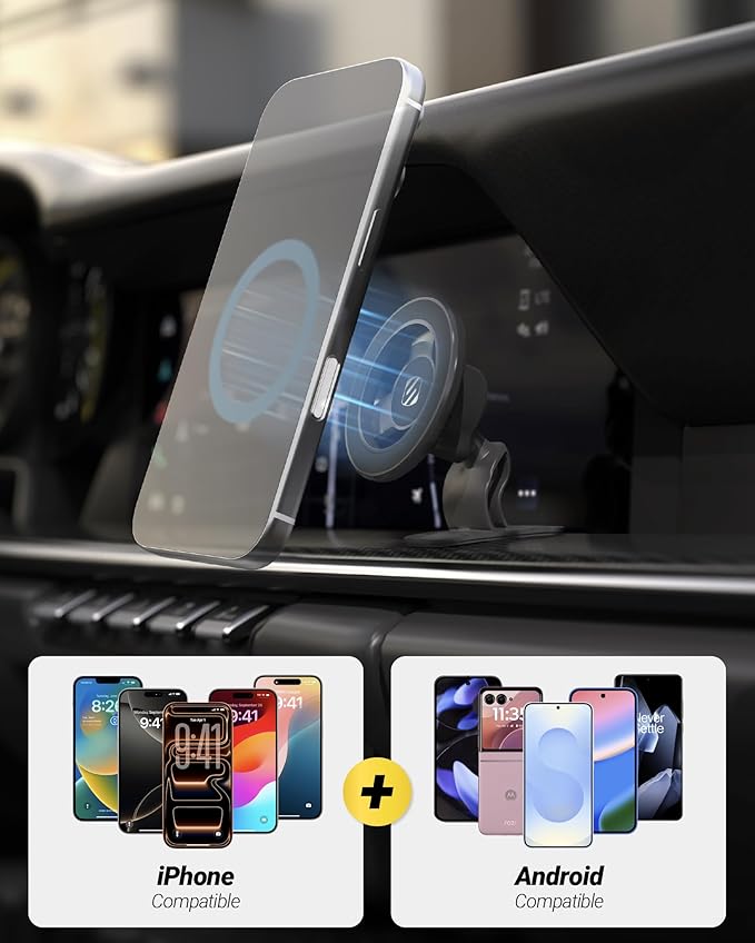 Scosche MagSafe Car Mount, Magnetic Dashboard Phone Holder for Car with 3M Adhesive Base, Strong Magnet Hold, 360° Rotatable Cell Phone Car Mount for iPhone 17/16/15/14/13/12, Includes Magnetic Ring