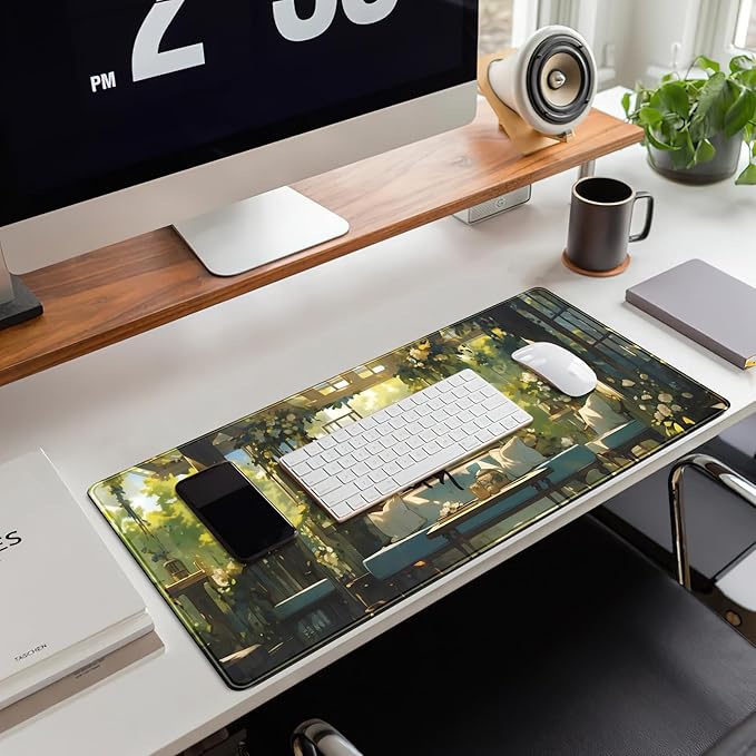 Cute Cat Desk Mat Green Plants Aesthetic Desk Pad Anime Kawaii Gaming Mouse Pad Large Mousepad Extended XL Laptop Keyboard Mouse Mat 31.5"x11.8" with Stitched Edges Non-Slip Rubber Base