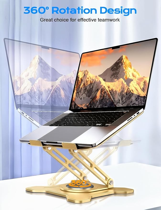 JCZT Adjustable Laptop Stand, 360° Rotating Base Ergonomic Computer Stand, Foldable Laptop Stand for Desk for Office Home Fits Compatible with MacBook Pro Air (10-16") - Gold