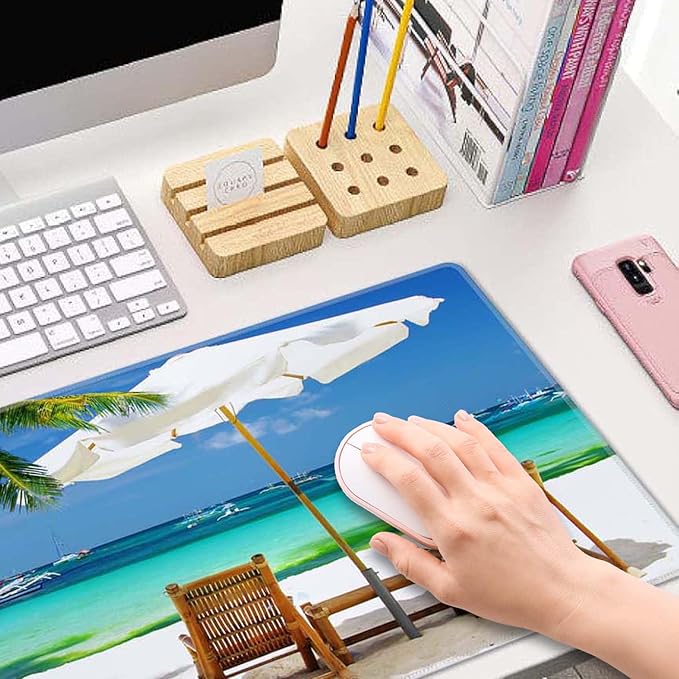 Desk Mat, Tropical Beach Extended Gaming Mouse Pad Large, 31.5"x11.8" Big Mouse Pad with Non-Slip Base and Stitched Edge, Long Computer Keyboard Mouse Mat for Home Office Work