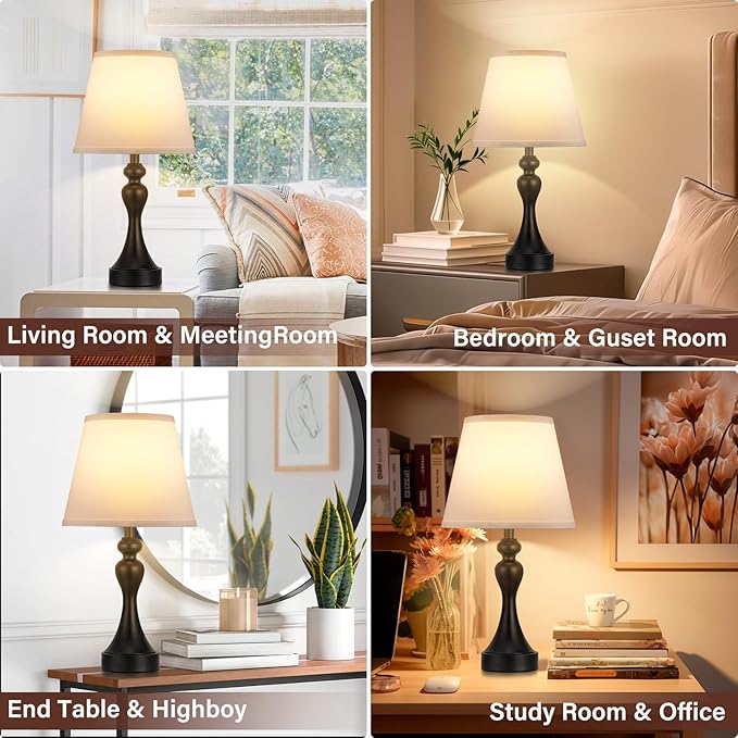 Seealle Touch Lamps for Nightstand - Bedside Lamps Set of 2, 3 Way Dimmable, USB C+A for Bedroom & End Tables (White&Black)