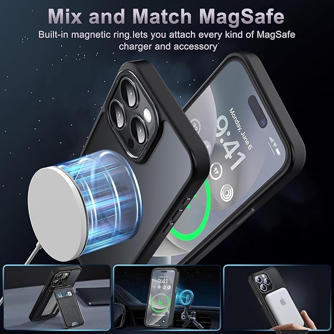 Newfuture Magnetic for iPhone 15 Pro Case [Compatible with Magsafe] [Military Grade Drop Protection] Translucent Matte Anti-Fingerprint Shockproof Phone Case for iPhone 15 Pro 6.1 inch, Black
