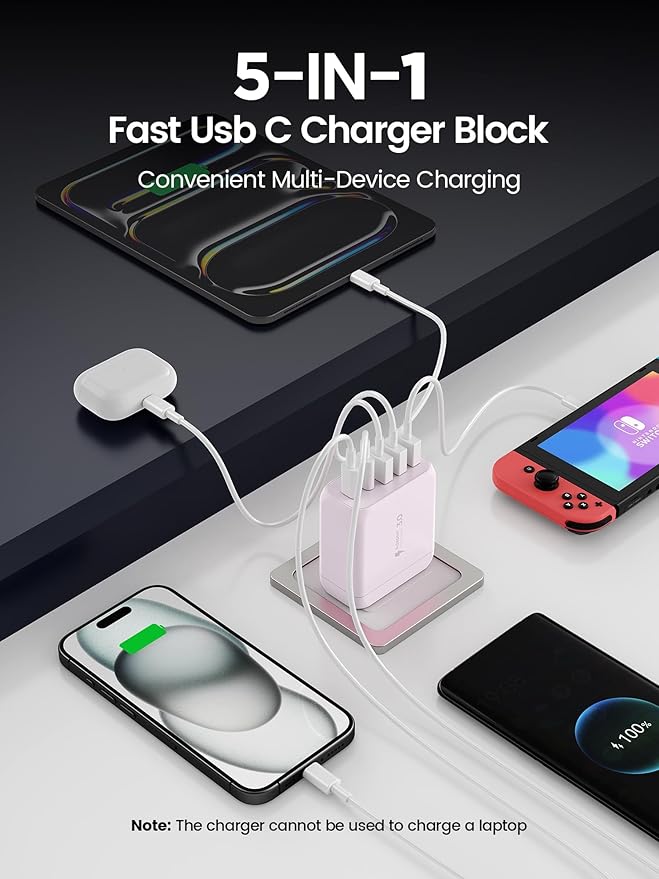 EIZLXQ USB C Charger Block, [2-Pack] Type C Charger Fast Charging,50W 5-Port USB Wall Charger Multiport Type C Charging Block Cube for iPhone 17/16/15/14/13/12/11 Pro Max XS,iPad,Samsung&More-Pink