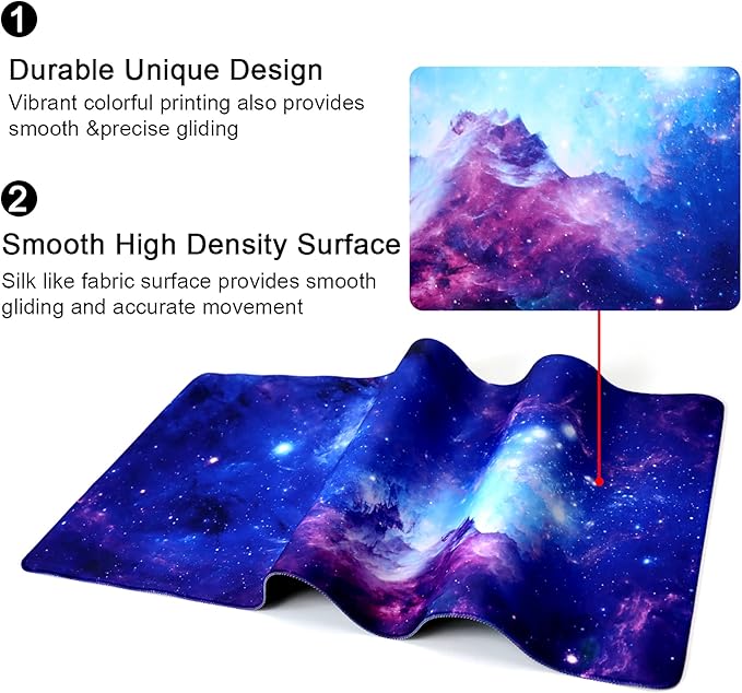 Meffort Inc Extra Large Extended Gaming Desk Mat Non-Slip Rubber Pads Stitched Edges Mouse Pad 35.4 x 15.7 inch - Galaxy Clouds