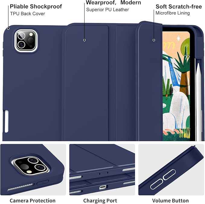for iPad Pro 12.9 Inch Case 6th/5th/4th Generation (2022/2021/2020) with Pencil Holder, Smart Stand Cover with Soft TPU Back for iPad Air 13 inch Case, Auto Sleep/Wake, Navy