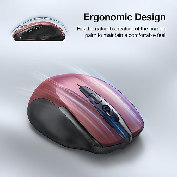 TECKNET Wireless Mouse (2.4G & BT5.0/3.0) Silent 4800 DPI Computer USB A & Bluetooth Mouse 6 Buttons, Wide Compatibility - Red