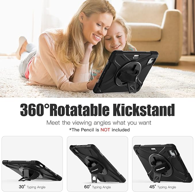 BRAECNstock Case for Apple iPad Air 11 inch (M4/M3/M2)/ Air 5th/4th Gen 10.9"/ Pro 11 inch 4th/3rd/2nd/1st Gen, Shockproof Protective Kids Case with Pencil Holder, Rotating Hand Strap & Stand, Black