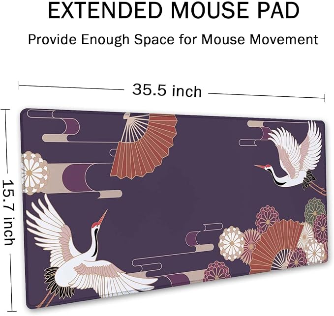 SSOIU Vintage Japanese Style Crane Birds Desk Mat, Purple, 35.5" x 15.7"