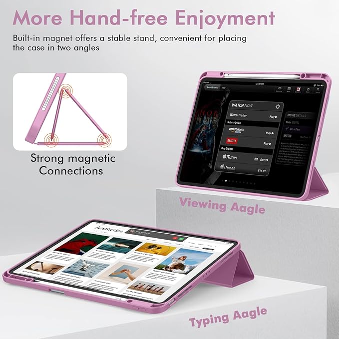 ZryXal New iPad Air 13 Inch Case M3 2025/M2 2024 with Pencil Holder, Trifold Stand Smart Case with Soft TPU Back,Auto Wake/Sleep(Pale Violet Red)