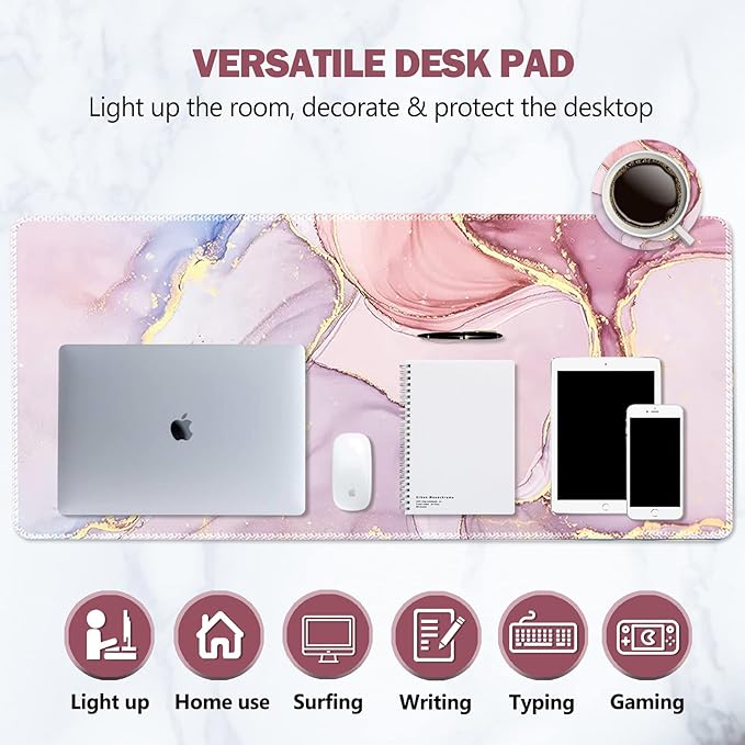 AIMSA Extended Gaming Mouse Pad, XL Large Keyboard Mouse Mat Desk Pad with Stitched Edges, Durable Non-Slip Base Mousepad for Home Office Work, 35x15.7inch, Pink Purple Marble