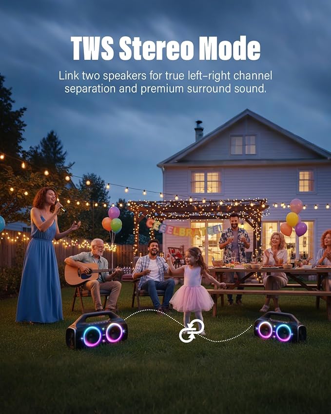 YIER Speakers, 80w (Peak) Portable Wireless Speaker with Lights, Stereo Loud Sound, IP67 Waterproof, Deep Bass Outdoor Speakers Bluetooth 5.3 Dual Pairing for Home Party Beach Camping, Gifts