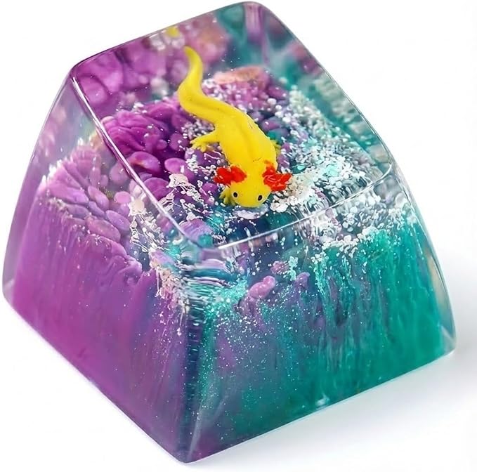 Yellow Axolotl in Blue Purple Ocean Artisan Keycap R1 SA Profile Custom Animal Axolotl Keycap 1U ESC Handmade Resin Compatible with Cherry MX Mechanical Keyboard for Axolotl Lover