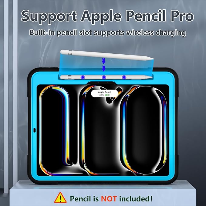 TSQQST for iPad Pro 11 Inch Case M4 5th Generation 2024, iPad Pro 11 Case with Pencil Holder+Stand, Full-Body Protective Rugged Shockproof Cover for iPad Pro 11 Inch 5th Gen, Black Blue