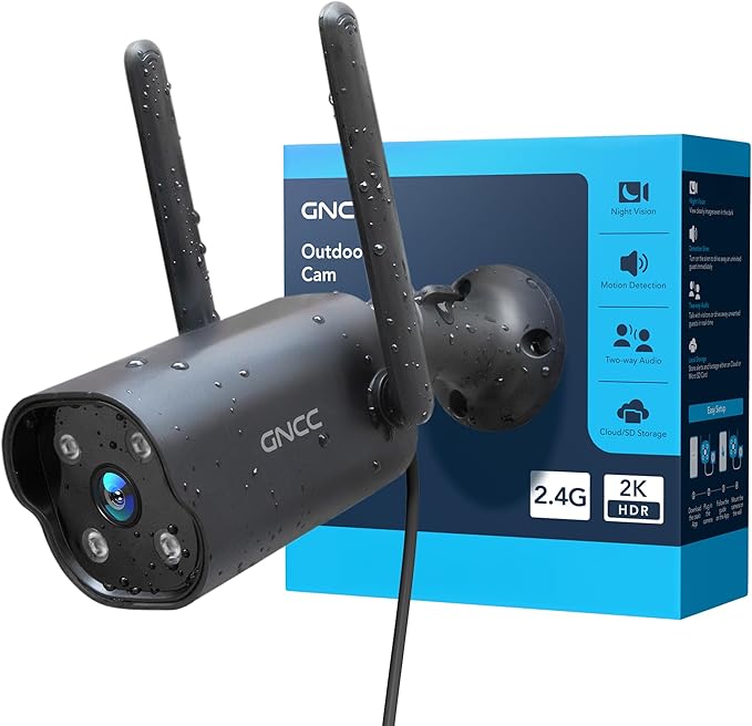 GNCC Outdoor Security Camera Wireless, 2K Cameras for Home Security, Color Night Vision, Motion Detection, 2-Way Audio, Cloud Storage Subscription Required, IP65 Waterproof, Only 2.4GHz (Black-1P)