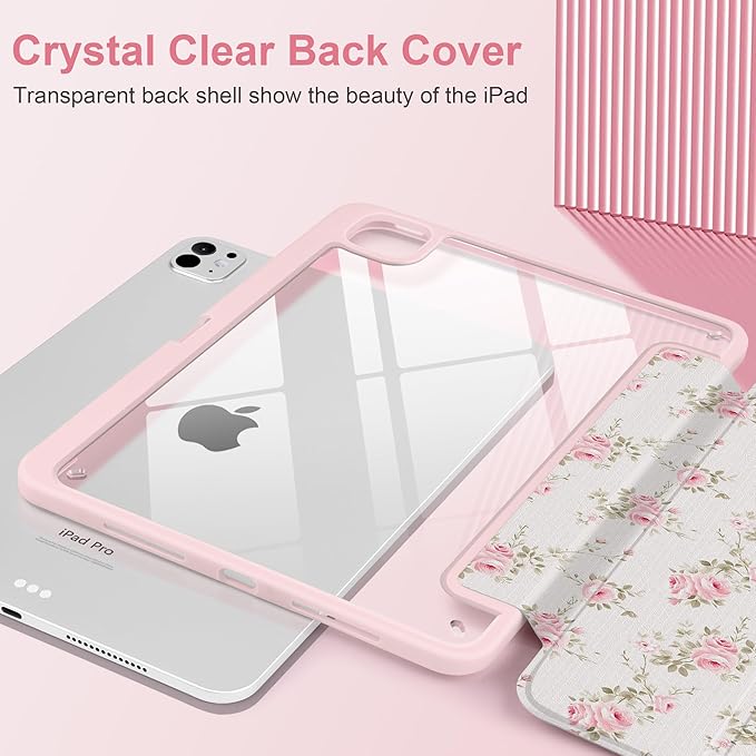 Case for iPad Pro 13 Inch (M5 2025 M4 2024) – [Built-in Pencil Holder], Shockproof & Stylish, Clear Hard Back + Soft TPU Edge, Magnetic Trifold Stand, Auto Wake/Sleep, Little Rose