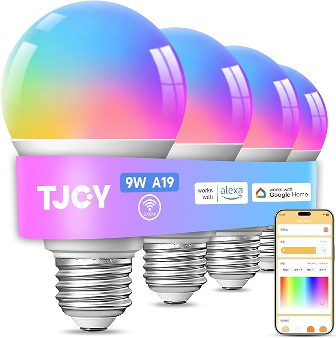 TJOY 4 Pack Smart Light Bulbs, Bluetooth WiFi Led Bulb Work with Alexa &Google Assistant, RGB Color Changing Alexa Bulbs, Music Sync, 2700K-6500K, 9W(60W Equivalent), A19 E26 800LM, 2.4Ghz WiFi only