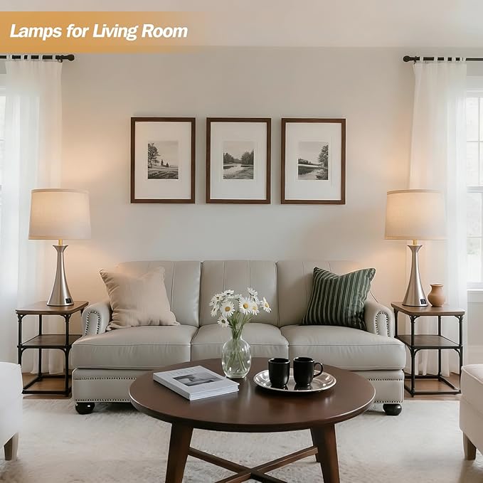 Touch Lamp for Living Room Bedroom, 21" Table Lamps Set of 2 with USB C+A Ports and Grey Lamp Shades, Touch Bedside Lamps for Nightstand with 3 Way Dimmable, 2 LED Bulbs Included, Silver