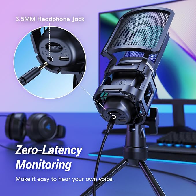 TONOR Podcast Microphone, USB Computer Mic, Cardioid Condenser PC Micro with Tripod Stand and Pop Filter for Podcasting, Streaming, Vocal Recording, PC & Laptop, 180 cm/70inch Cable, TC777 Pro