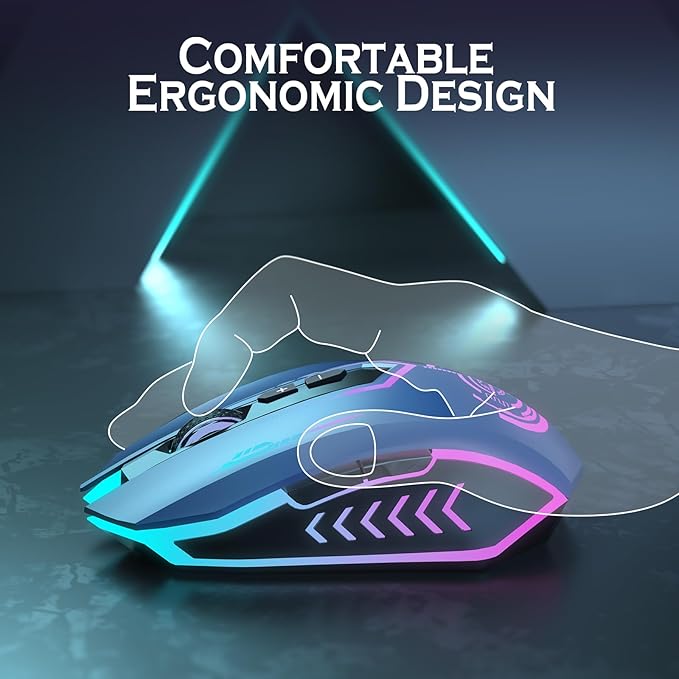 UHURU Gaming Mouse, Wireless Gaming Mouse with 7 Buttons 7 Changeable LED Color up to 12000 DPI, Rechargeable USB Gamer Mouse for PC Laptop (Blue)