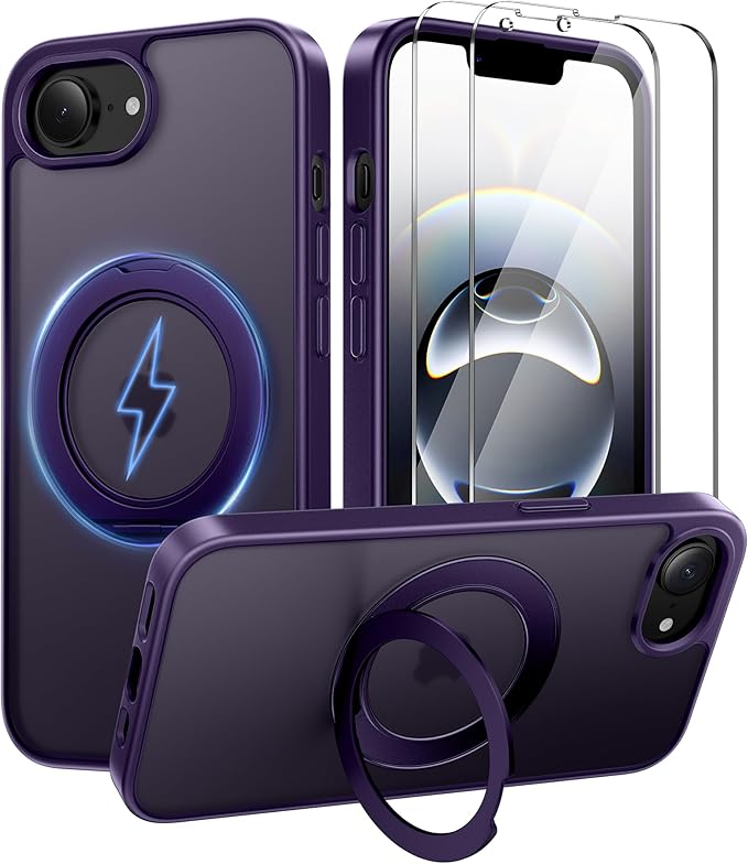 360°Ring Stand for iPhone 16E/17E Case with 2X Screen Protector,Fit for MagSafe, Anti-Yellowing & Scratch-Resistant Back Phone Case for iPhone 16E/17E 6.1", Purple