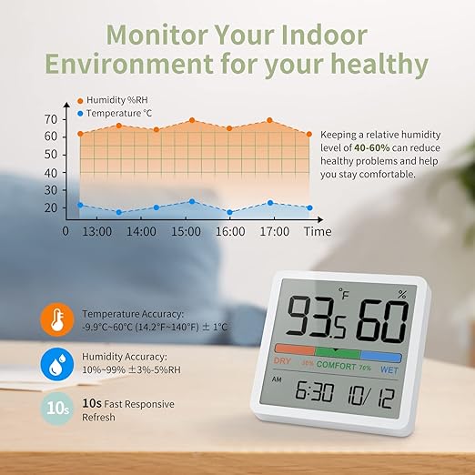NOKLEAD Indoor Hygrometer Thermometer - Digital Temperature & Humidity Monitor with Calibration, Clear LCD Display & Clock, Accurate Room Gauge for Home, Baby Room, Office (White)