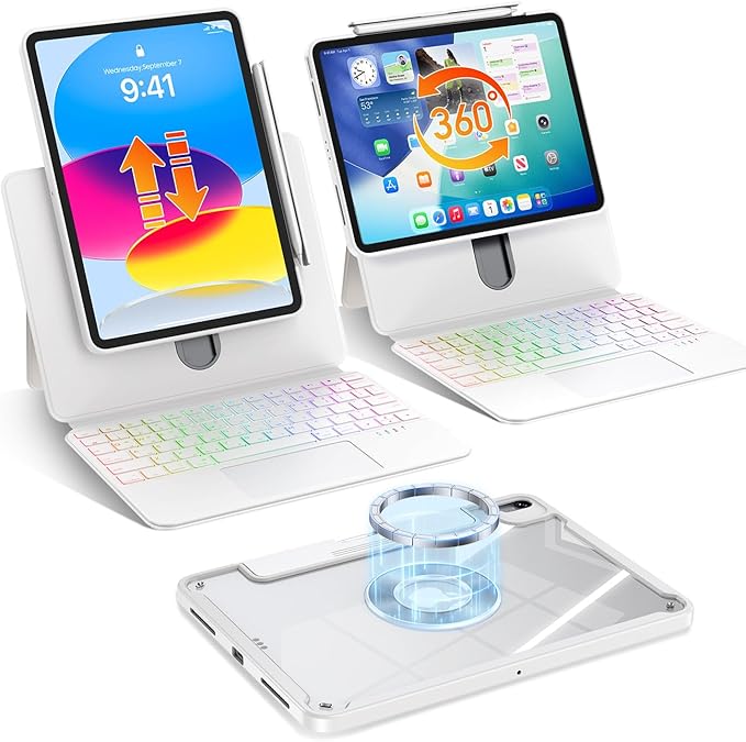 Keyboard Case for iPad A16 11th Gen 11" 2025/ 10th Gen 10.9" 2022, Clear Detachable Magnetic 360 Rotatable & Liftable Cover, 7-Color Backlit, Native Gesture Trackpad, 180 Kickstand, White