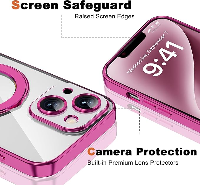 Compatible with iPhone 14 Case with Magnetic Ring Stand [Compatible with Mag-Safe] [Full Camera Lens Protector] Soft Plating Clear Phone Case for iPhone 14 6.1", Rose