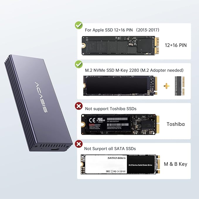 ACASIS USB C 3.2 SSD Enclosure for Apple SSD 12+16 PIN MacBook Pro,MacBook Air, Mac Pro, iMac from 2013 to 2017 A1465 A1466 A1502 SSD，MacBook SSD Enclosure with M.2 NVMe Adapter