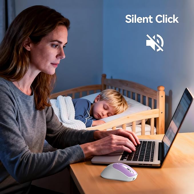 TECKNET 3-Device Wireless Mouse, Rechargeable Dual-Mode (2.4G & BT 5.0), Silent USB-A & Bluetooth Mouse, 6-DPI up to 4800, Wide Compatibility - Purple and White