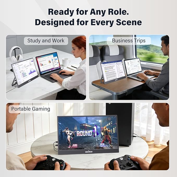 InnoView 15.6" Portable Monitor 120Hz 2K QHD 2160x1440 | 100% sRGB HDR | Second Monitor with 2 USB-C & HDMI Ports |Travel Monitor for Laptop MacBook/Switch/PS5/Xbox(Adapter Not Included)