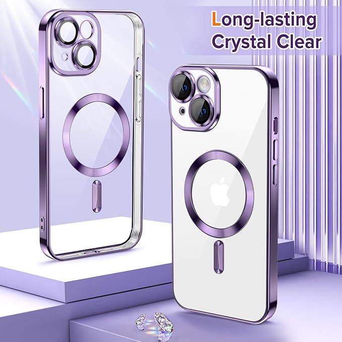 Hython Magnetic Clear for iPhone 15 Plus Case with Camera Lens Protector [Compatible with MagSafe] Luxury Plating Edge Slim Soft TPU Cover Protective Phone Case for iPhone 15 Plus 6.7", Deep Purple