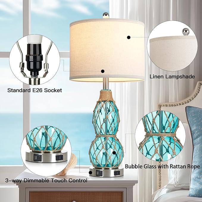 Rinweey 26" Coastal Glass Table Bedside Lamps Set of 2, 3-Way Dimmable Touch Lamps with USB Ports and AC Outlet, Nautical Nightstand Lamps for Bedroom Living Room,Teal