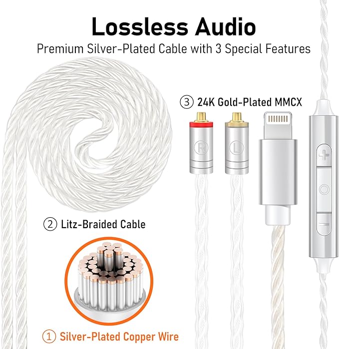 Vibes 202ML Wired Earbuds - HiFi in Ear Headphones for iPhone 5–14, Noise Isolating Ear Buds w/ Mic - Clear Sound, Deep Bass, Comfort-Fit Earphones - MMCX–LTN, Silver Plated Cord, Carrying Case