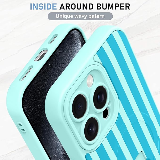 KANGHAR Compatible with iPhone 15 Pro Case, Support for MagSafe, Silicone Stripes Cute Pattern, Wristband Kickstand Camera Protection Soft Slim Cover for Girls Women -Blue