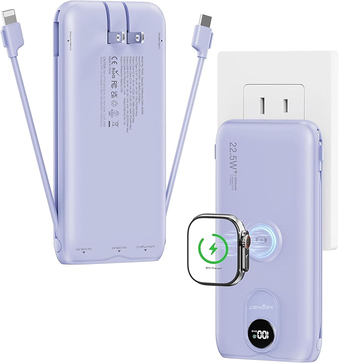 Portable Charger, 10000mAh 22.5W Power Bank Fast Charging with Wall Plug, Built-in Cables, LED Display, Compact Lightweight USB C Travel Battery Pack for iPhone 17/16, Android Cell Phone, Pad, iWatch
