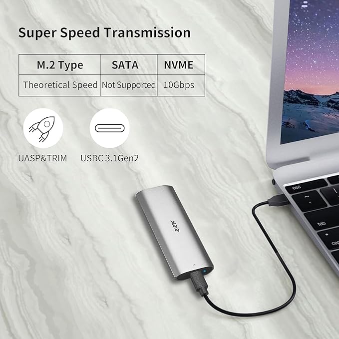 SSK M.2 NVMe Enclosure, Tool-Free SSD Enclosure Adapter, USB C 3.2 Gen 2 10Gbps PCIe MKey External Solid State Drive Case, Support UASP Trim for 2230/2242/2260/2280 (SATA NOT Supported)