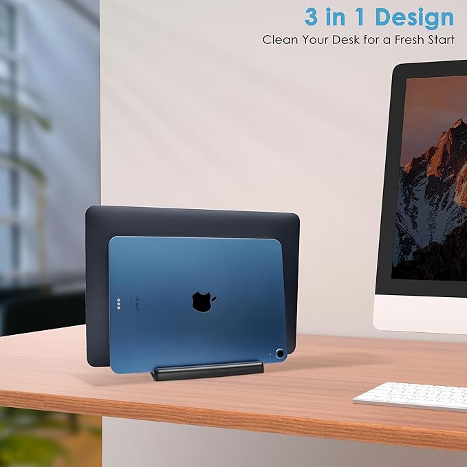 Vertical Laptop Stand [New Version: Two More Rubber Pads & Hex Key Storable Design] ABS Plastic Adjustable Dock up to 15 inch PC Desk Space Saver for MacBook/Surface/iPad/Mini PC (Black)