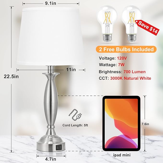 Seealle White Lamps for Bedrooms Set of 2 - Touch Control Bedside Lamp with USB C+A, 3 Way Dimmable Nightstand Lamps with USB Port, Table Lamp for Living Room(White Shade and Nickel Base)