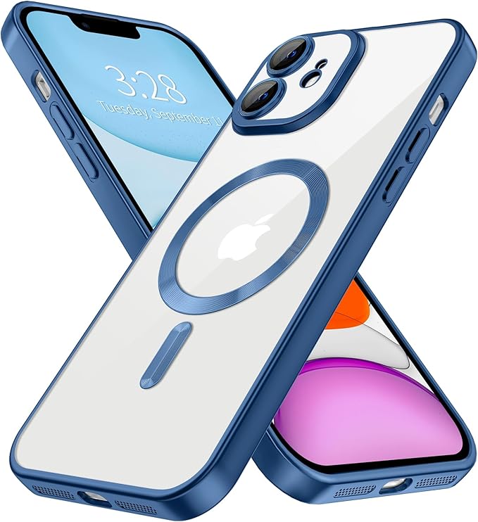 Hython Magnetic Clear for iPhone 11 Case with Camera Lens Protector [Compatible with MagSafe] Luxury Plating Edge Slim Soft TPU Cover Protective Phone Case for iPhone 11 6.1", Matte Deep Blue