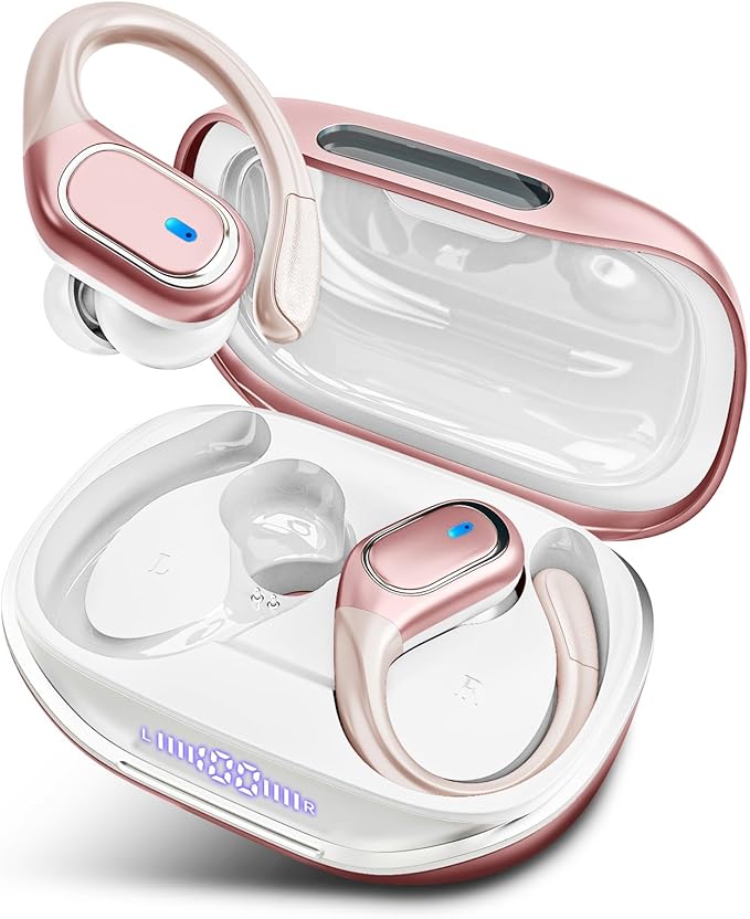HAOYUYAN Wireless Earbuds Bluetooth 5.3 Headphones with 80H Playback, IPX7 Waterproof Over Ear Buds with LED Power Display for Sports Running Workouts（Champagne Gold）
