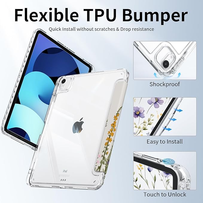 for ipad air 11 inch Case (M3 2025, M2 2024), ipad air 5th/4th Generation Case 10.9", ipad Pro 11 inch Clear Cover 4th/3th/2th/1st Gen, Trifold Stand with Pencil Holder, Wildflower