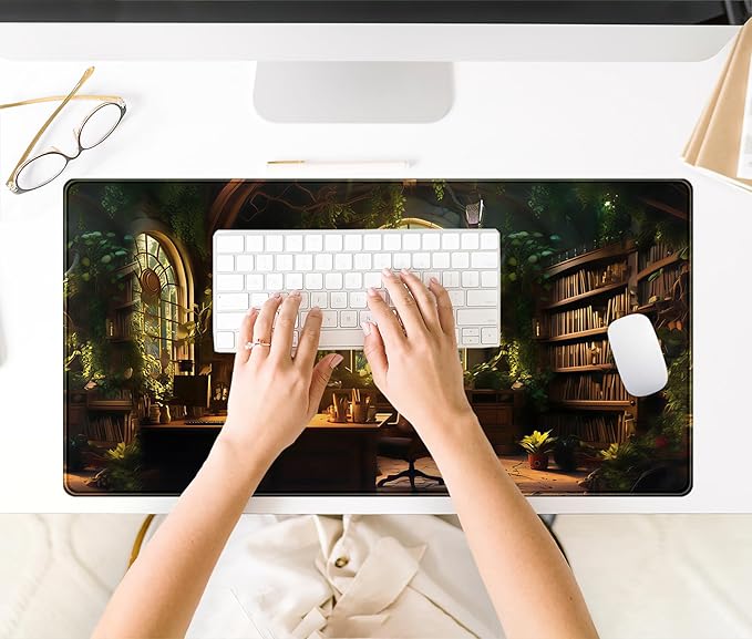 Large Desk Mouse Pad Enchanted Library Desk Mat, Extended Gaming Mouse Mat, Office Home Keyboard Pad, Magical Forest Computer Mats XXL, Full Desktop Mat Aesthetic PC Accessories 31.5" x 15.75"