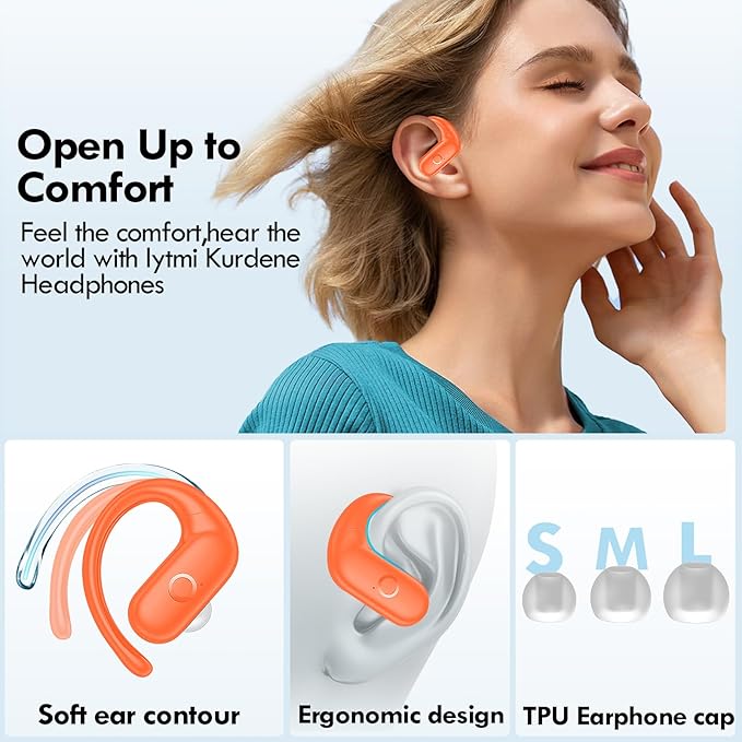kurdene Wireless Earbuds Bluetooth Headphones Sport,Over Ear Buds with Deep Bass Sound,60Hrs Playtime Earphones Redesigned Comfort Fit with Earhooks for Running,Meeting,Workout
