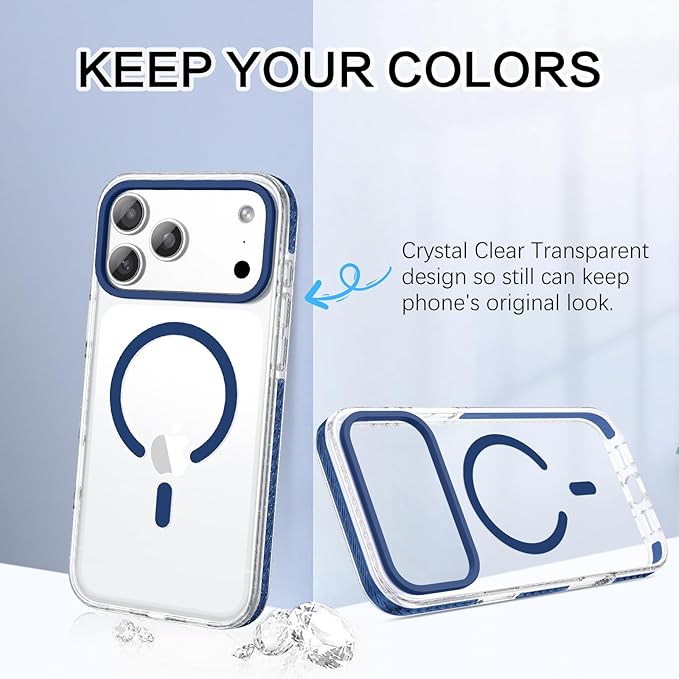 BENTOBEN Magnetic for iPhone 17 Pro Max Case 6.9", Compatible with Magsafe Military Shockproof Protective Bumper Cute Transparent Slim Anti-Yellowing Case for iPhone 17 Pro Max Cover, Clear Deep Blue